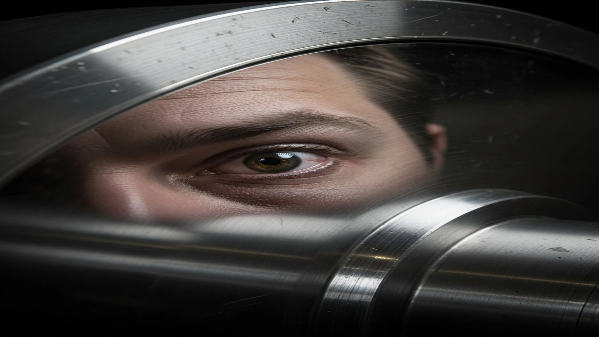 Eye looking through industrial wheel spokes